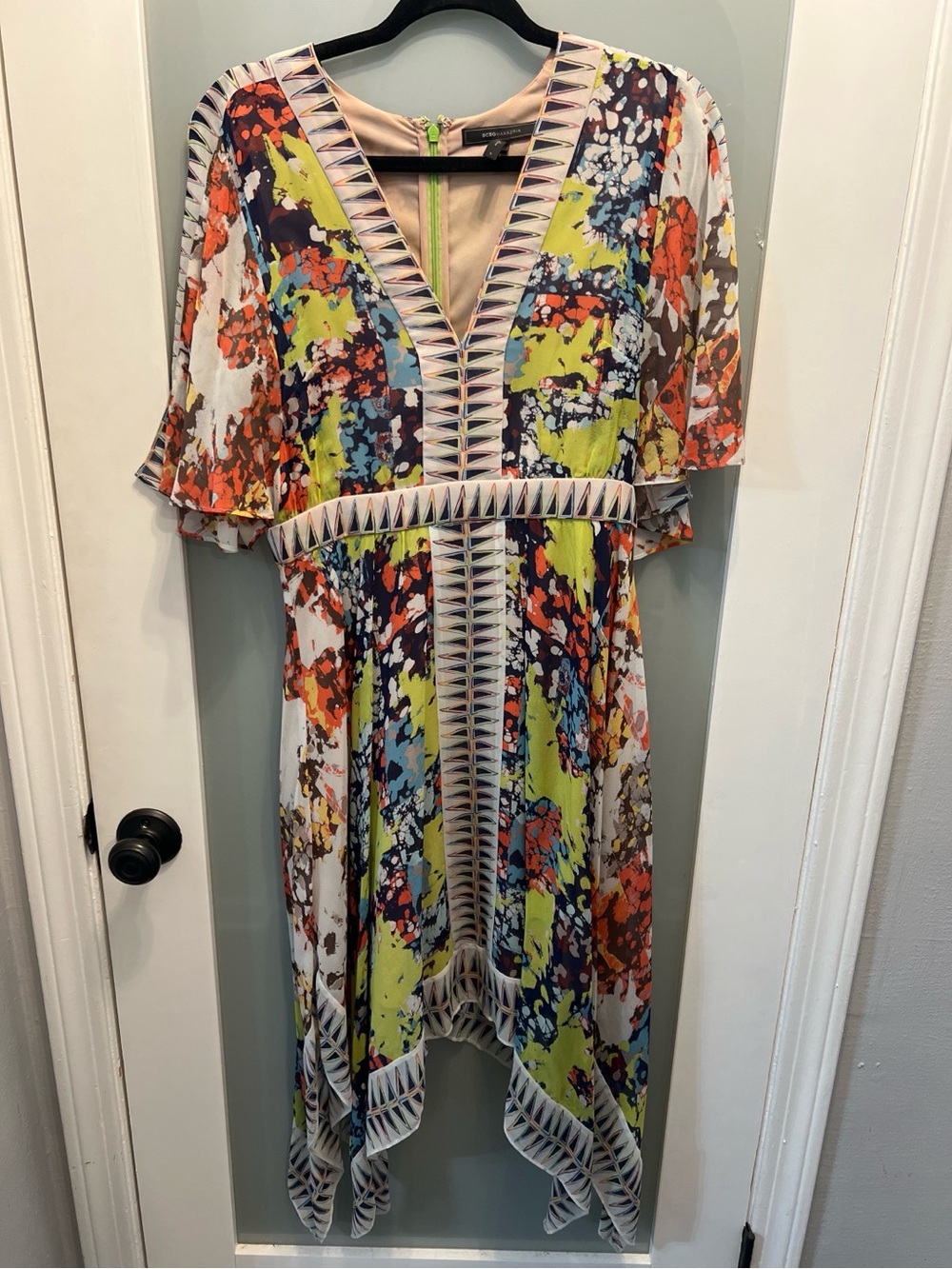 Vibrant Multicolor V-Neck Handkerchief Hem Dress BCBG